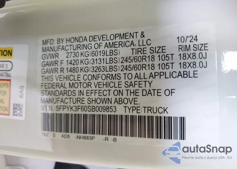 2025 Honda Ridgeline Trailsport z USA, uszkodzony, nr VIN 5FPYK3F60SB009853